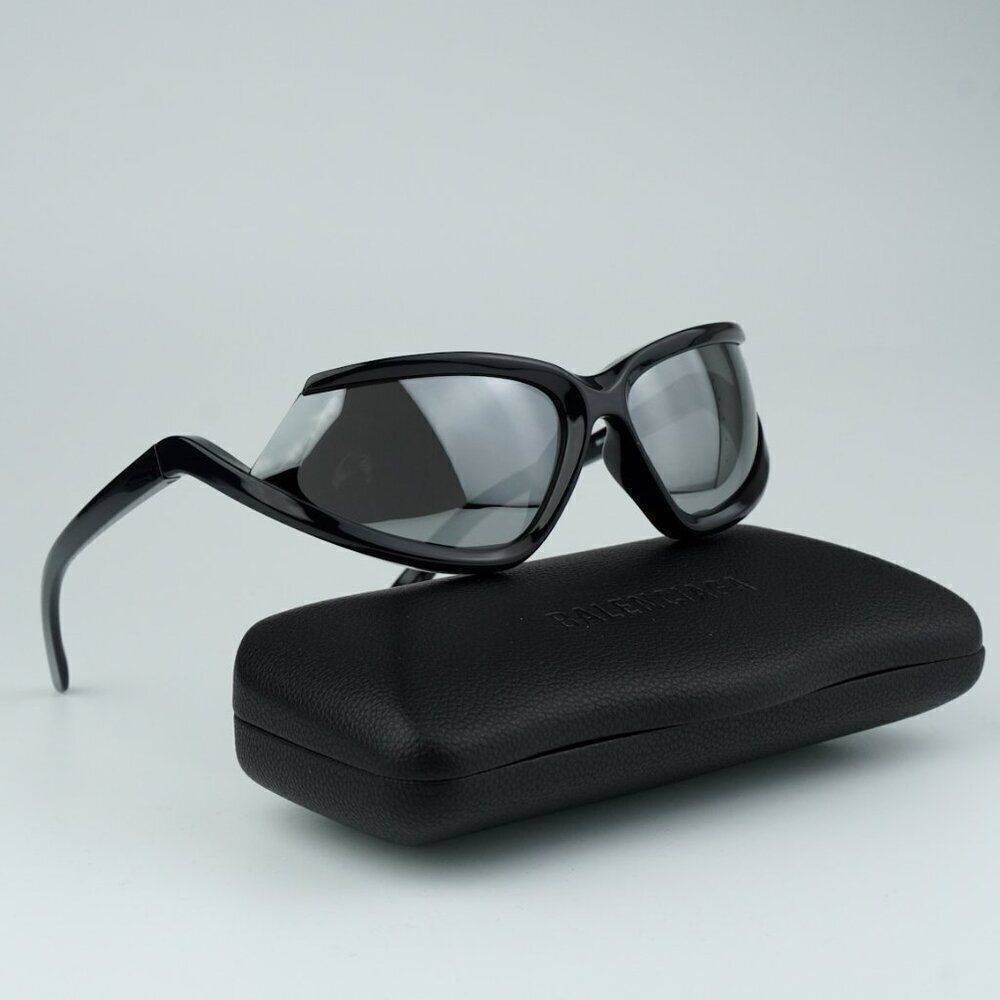 NEW Balenciaga BB0289S 001 Black Silver Mirror Wraparound Unisex Sunglasses
